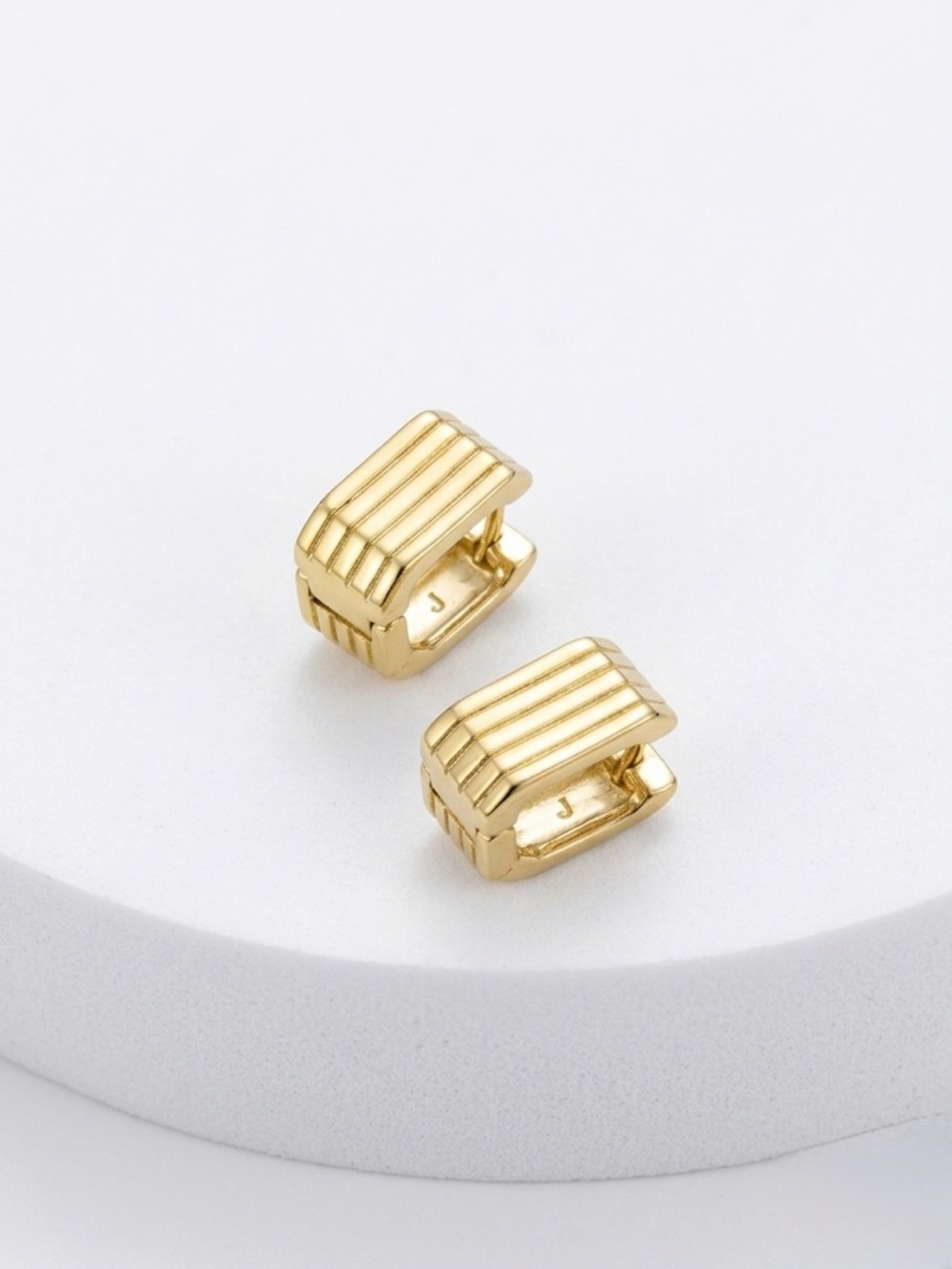 Gold Square Ribbed Huggie Hoop Earrings | 14K Gold Plated | Minimalist Jewelry